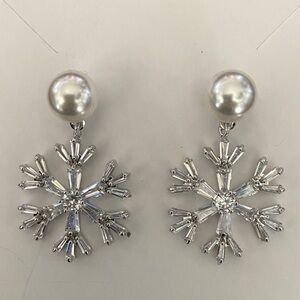 Glass & Faux Pearl Snowflake Earrings in Silver Tone